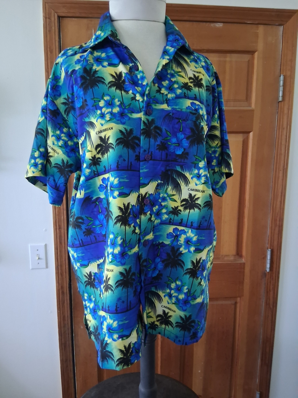 Caribbean Blue, Yellow and Green Tropical Print Short-Sleeve Shirt